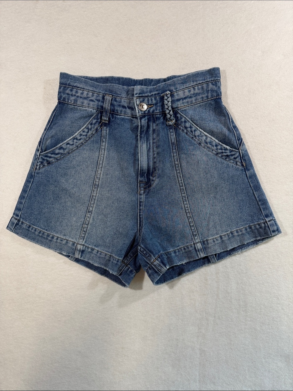 Hype Blue Denim High-Waist Shorts with Braided Trim